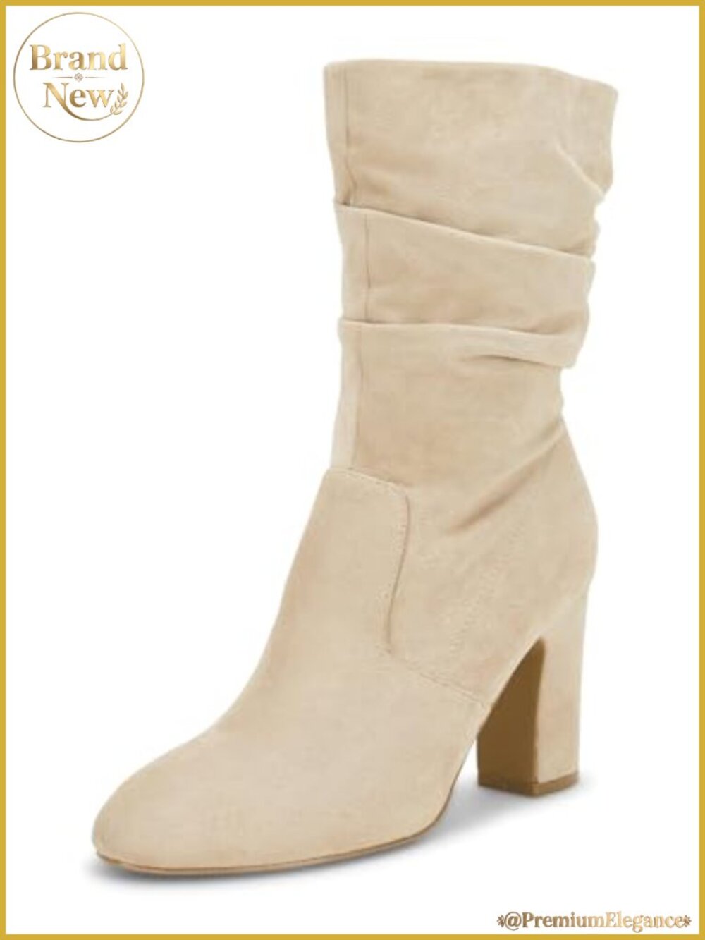 Coutgo Women's Mid Calf Slouchy Boots Suede High Heel Zip Stacked Chunky Block